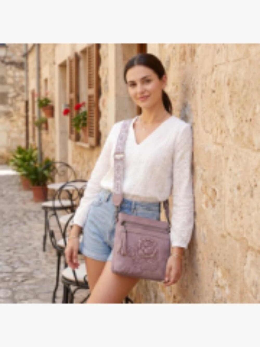 Vegan Leather Crossbody Purse Floral Embossed Multi-Pocket Adjustable Wide Strap - Picture 2 of 7